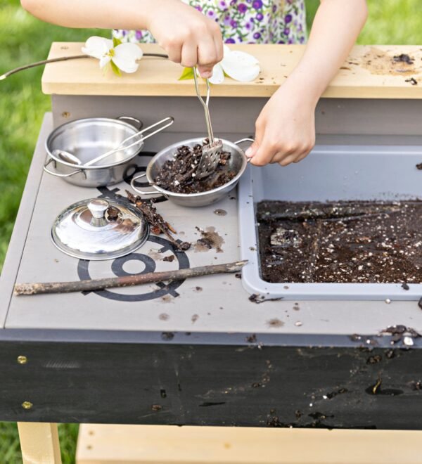 Wooden Mud Play Kitchen and Imagination Station with Metal Accessories - Image 6