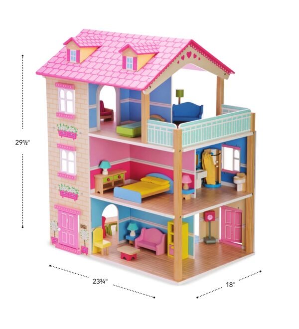 Wooden Dollhouse with Turntable and 35-Piece Furniture Set - Image 4