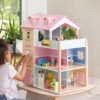 Wooden Dollhouse with Turntable and 35-Piece Furniture Set - Image 2
