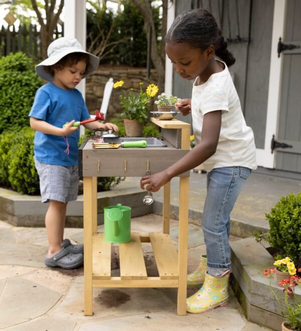Wooden Mud Play Kitchen and Imagination Station with Metal Accessories - Image 3