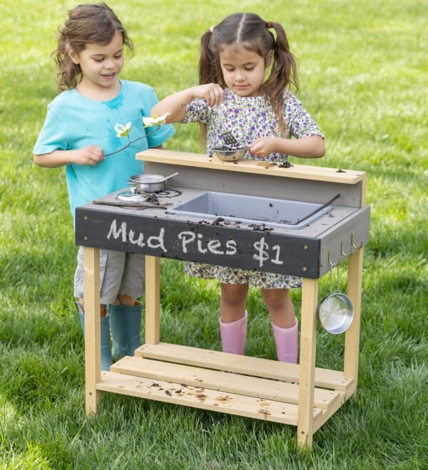 Wooden Mud Play Kitchen and Imagination Station with Metal Accessories