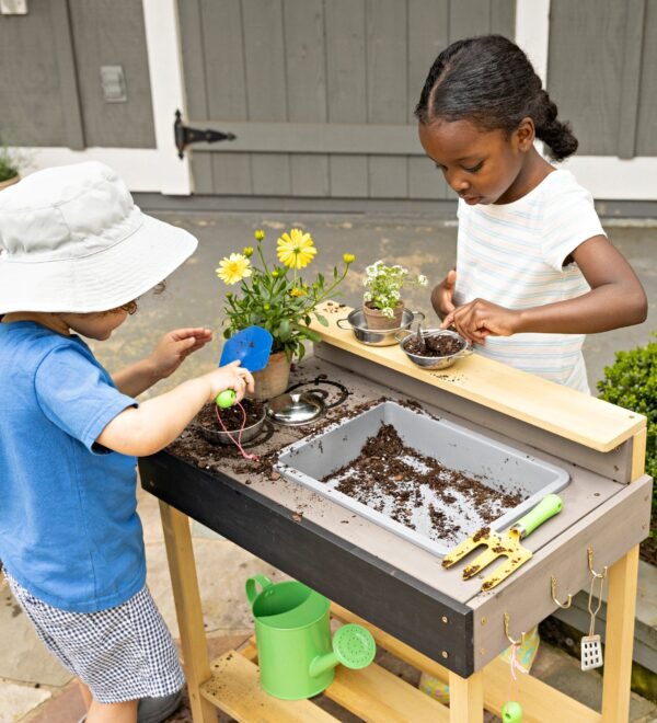 Wooden Mud Play Kitchen and Imagination Station with Metal Accessories - Image 8