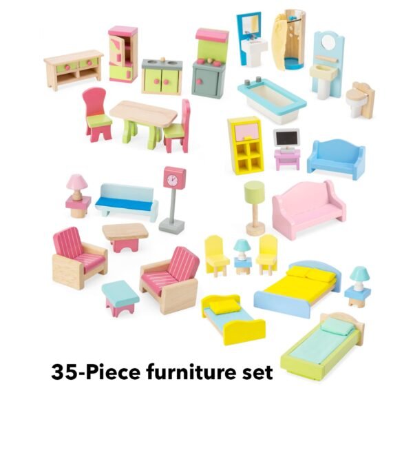 Wooden Dollhouse with Turntable and 35-Piece Furniture Set - Image 8