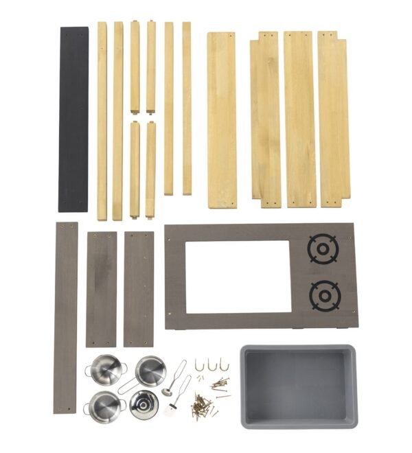 Wooden Mud Play Kitchen and Imagination Station with Metal Accessories - Image 9